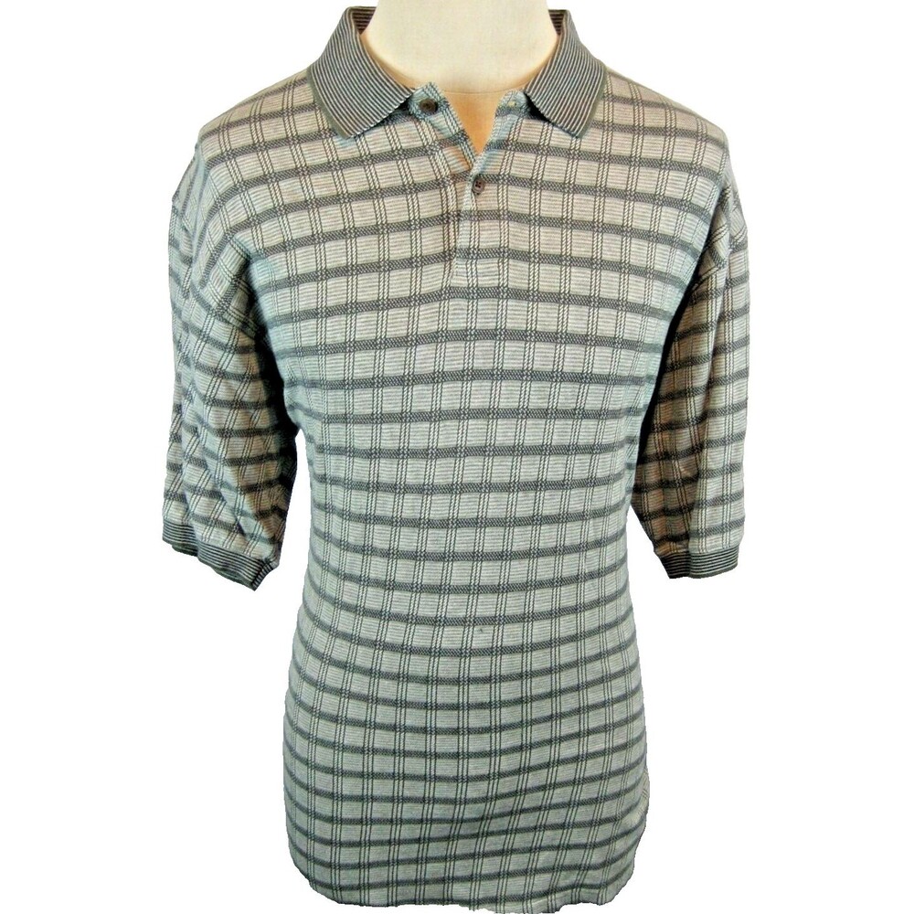 Mens Arnold Palmer Grey Checked Cotton Polo Golf Knit Casual Shirt sz L